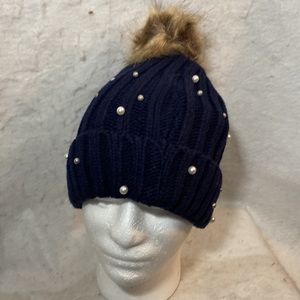 Black Knit Faux Pearl And Beaded Bling Warm And Snug Beanie